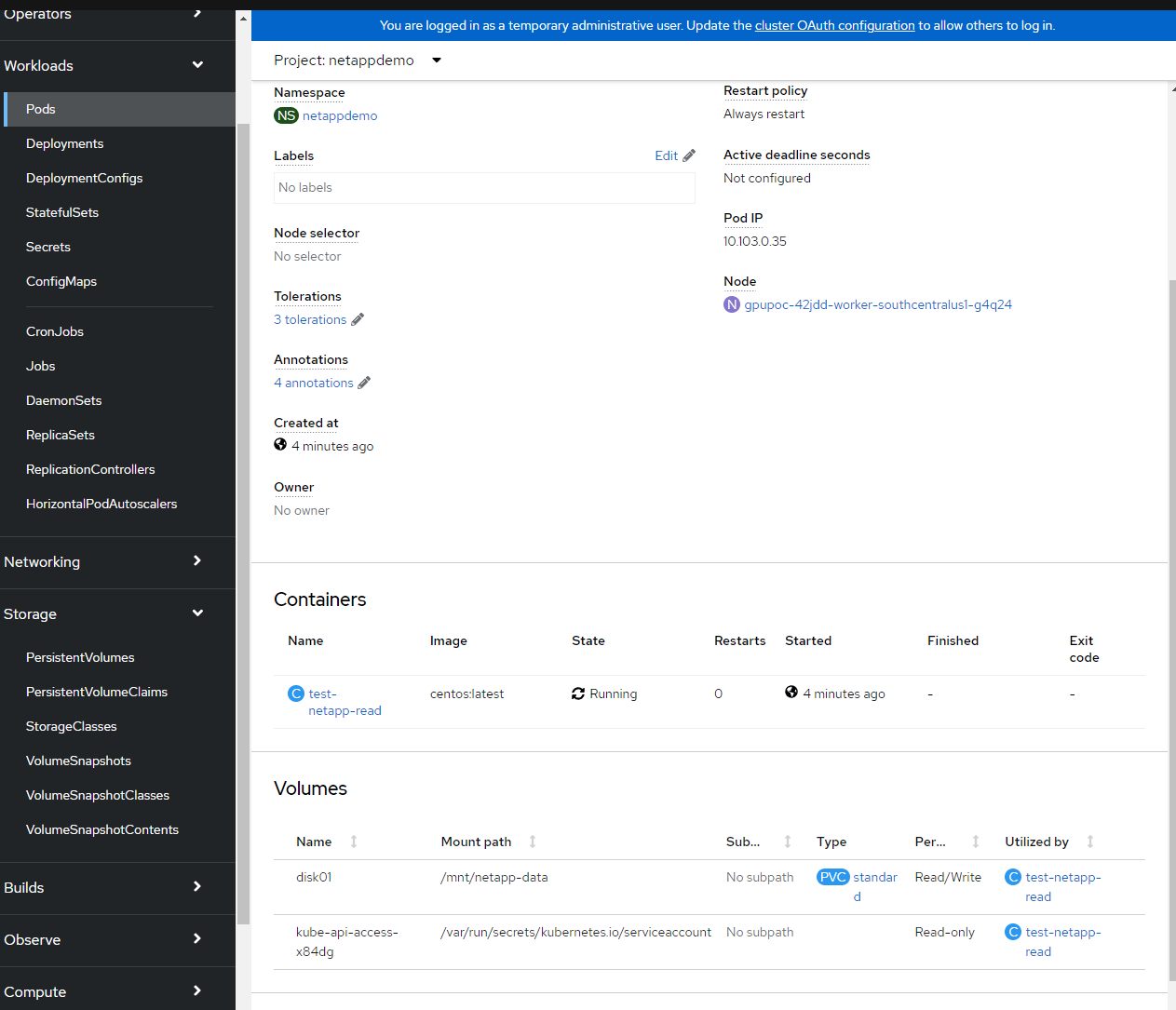 OpenShift Netapp Reader Pod